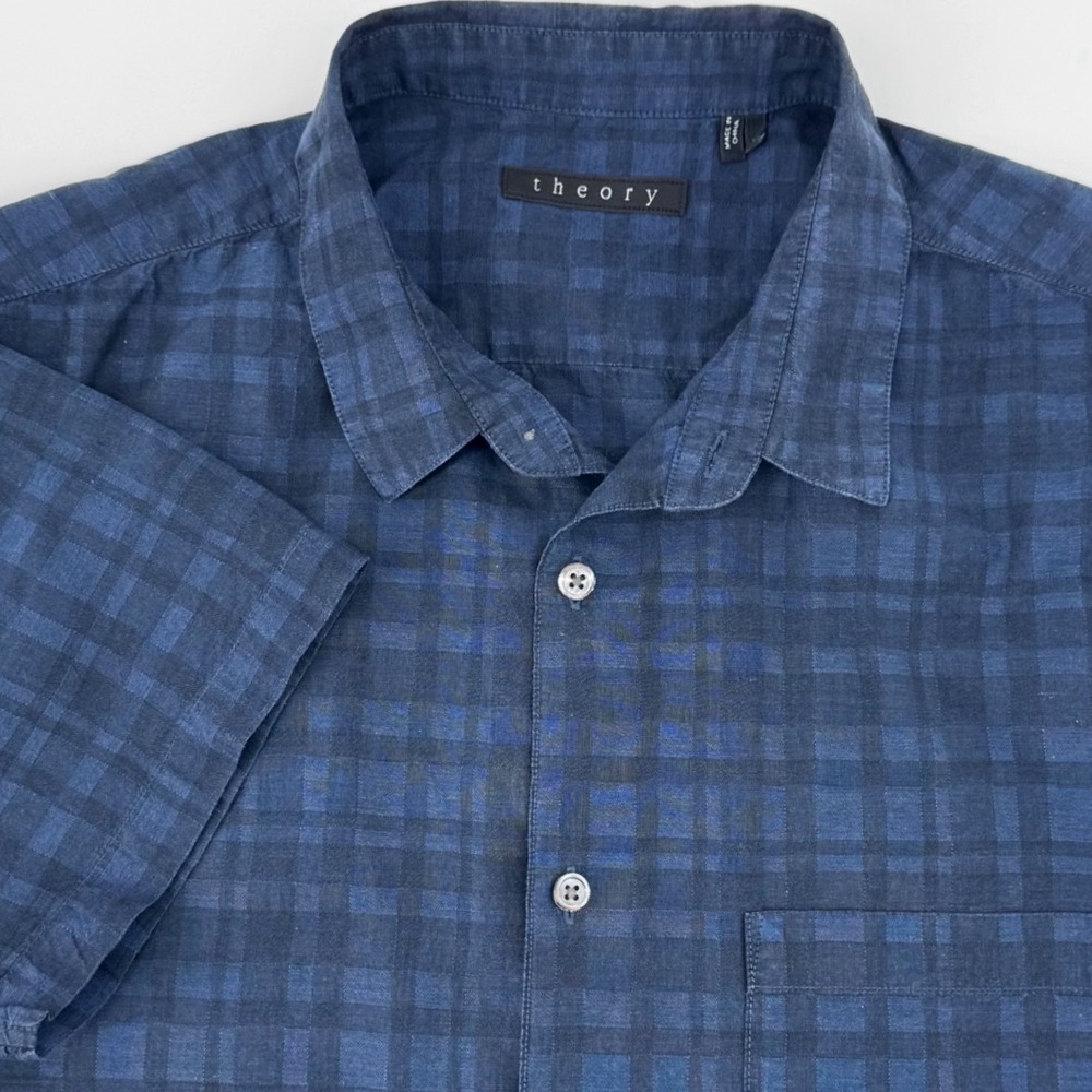Theory Mens Blue Plaid Cotton Short Sleeve Button Down Shirt Large RN 98406
